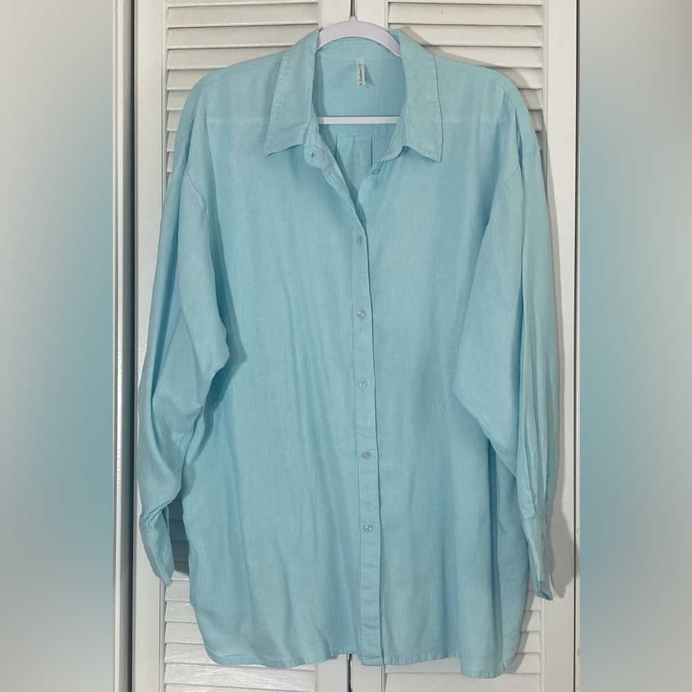 Passports Aqua Button Up Blouse, Size XL, Linen/Viscose Blend, Made in India
